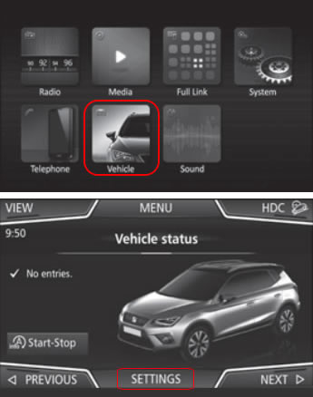 koltuk-arona_vehicle-menüsü Reset the tyre pressure system on the SEAT Arona Infotainment System